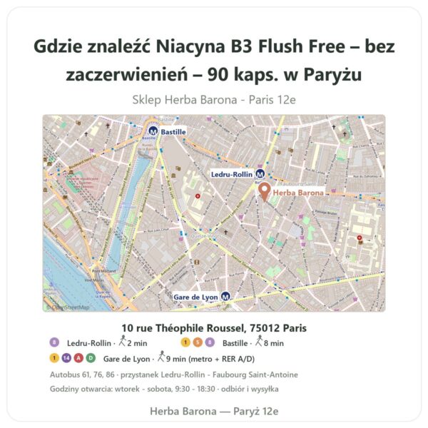 Gdzie znaleźć Niacyna B3 Flush Free – bez zaczerwienień – 90 kaps. w Paryżu - mapa sklepu Herba Barona Paris 12e