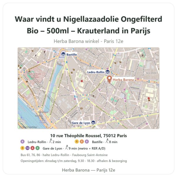 Waar vindt u Nigellazaadolie Ongefilterd Bio – 500ml – Krauterland in Parijs - winkelplattegrond Herba Barona Paris 12e