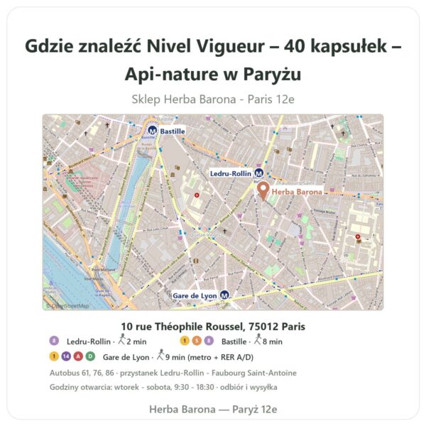 Gdzie znaleźć Nivel Vigueur – 40 kapsułek – Api-nature w Paryżu - mapa sklepu Herba Barona Paris 12e