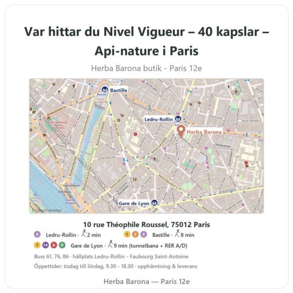 Var hittar du Nivel Vigueur – 40 kapslar – Api-nature i Paris - butikskarta Herba Barona Paris 12e