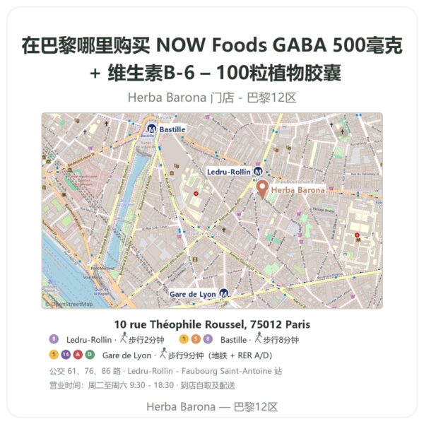 NOW Foods GABA 500毫克 + 维生素B-6 – 100粒植物胶囊 巴黎哪里能买到 - 门店地图 Herba Barona Paris 12e