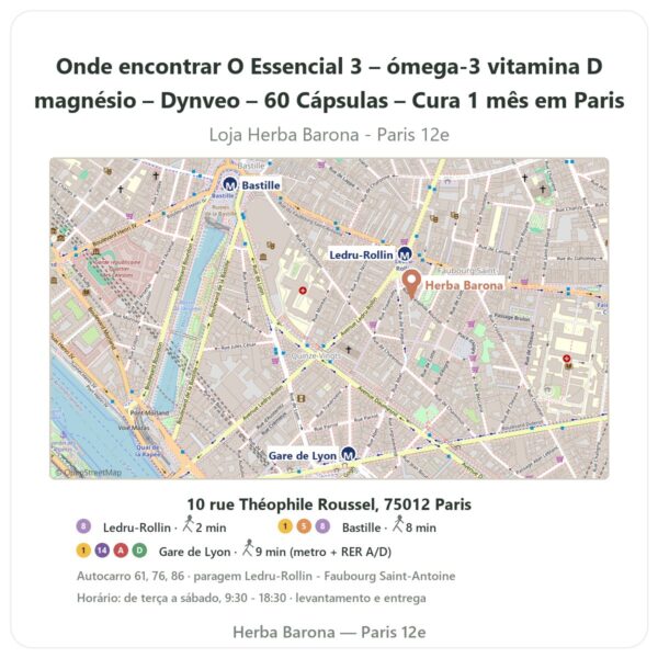 Onde encontrar O Essencial 3 – ómega-3 vitamina D magnésio – Dynveo – 60 Cápsulas – Cura 1 mês em Paris - mapa da loja Herba Barona Paris 12e