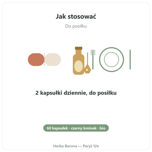 Olej z czarnuszki (czarny kminek) – Dynveo – 60 kapsułek sposób użycia i dawkowanie Paris Herba Barona