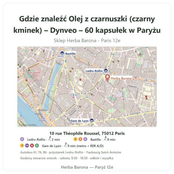 Gdzie znaleźć Olej z czarnuszki (czarny kminek) – Dynveo – 60 kapsułek w Paryżu - mapa sklepu Herba Barona Paris 12e