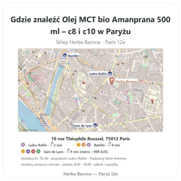 Gdzie znaleźć Olej MCT bio Amanprana 500 ml – c8 i c10 w Paryżu - mapa sklepu Herba Barona Paris 12e