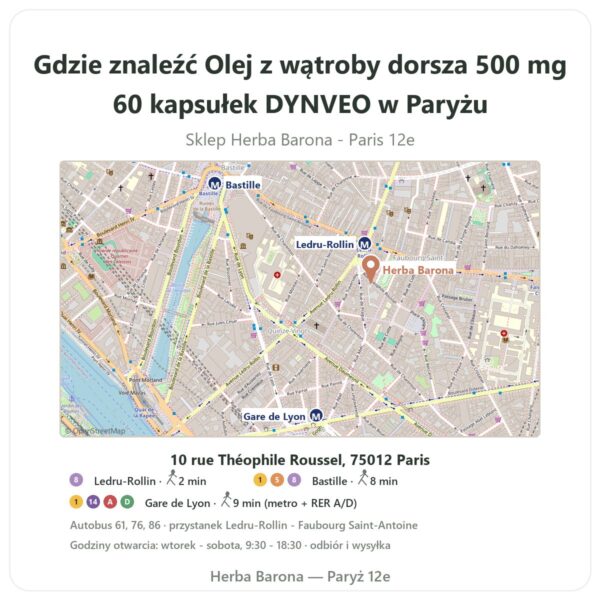 Gdzie znaleźć Olej z wątroby dorsza 500 mg 60 kapsułek DYNVEO w Paryżu - mapa sklepu Herba Barona Paris 12e
