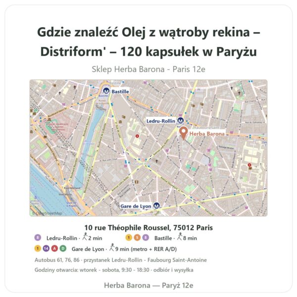 Gdzie znaleźć Olej z wątroby rekina – Distriform' – 120 kapsułek w Paryżu - mapa sklepu Herba Barona Paris 12e