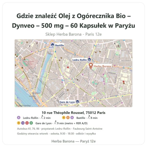 Gdzie znaleźć Olej z Ogórecznika Bio – Dynveo – 500 mg – 60 Kapsułek w Paryżu - mapa sklepu Herba Barona Paris 12e