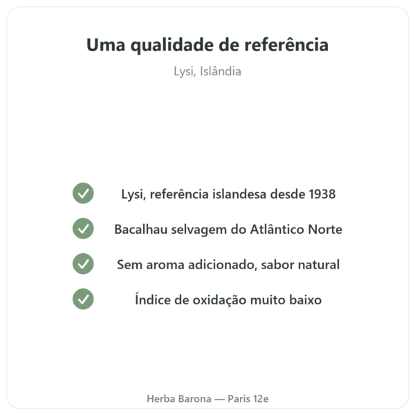 Óleo de Fígado de Bacalhau Natural LYSI Islândia 240ml qualidade Paris Herba Barona
