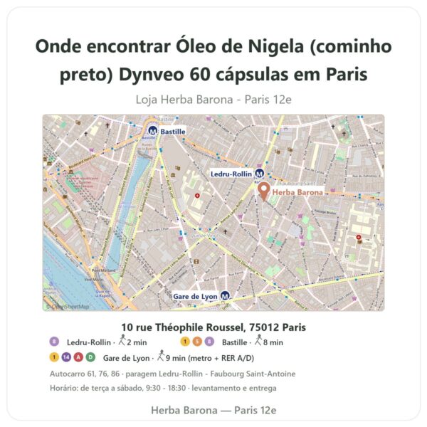 Onde encontrar Óleo de Nigela (cominho preto) Dynveo 60 cápsulas em Paris - mapa da loja Herba Barona Paris 12e
