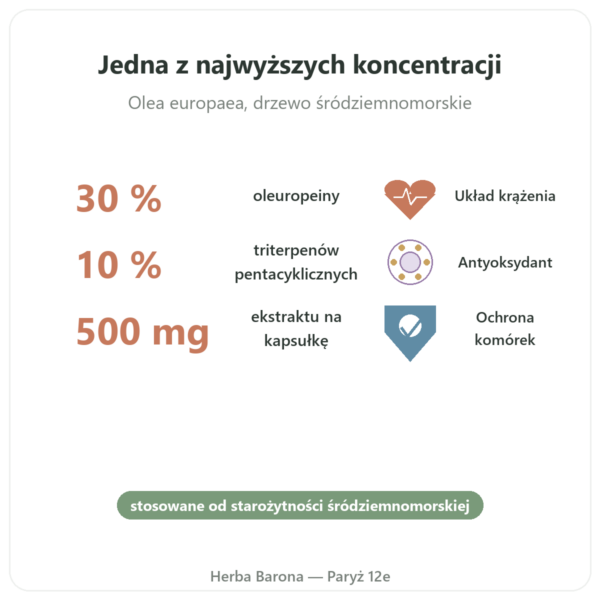 OLIFORCE-30 - Ekstrakt z lisci oliwnych 30% oleuropeina 10% Triterpeny korzyści i najważniejsze fakty Paris Herba Barona