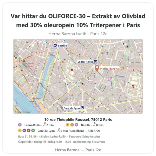 Var hittar du OLIFORCE-30 – Extrakt av Olivblad med 30% oleuropein 10% Triterpener i Paris - butikskarta Herba Barona Paris 12e