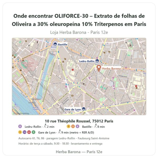 Onde encontrar OLIFORCE-30 – Extrato de folhas de Oliveira a 30% oleuropeína 10% Triterpenos em Paris - mapa da loja Herba Barona Paris 12e