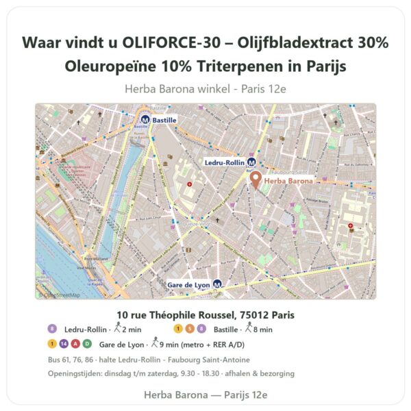 Waar vindt u OLIFORCE-30 – Olijfbladextract 30% Oleuropeïne 10% Triterpenen in Parijs - winkelplattegrond Herba Barona Paris 12e