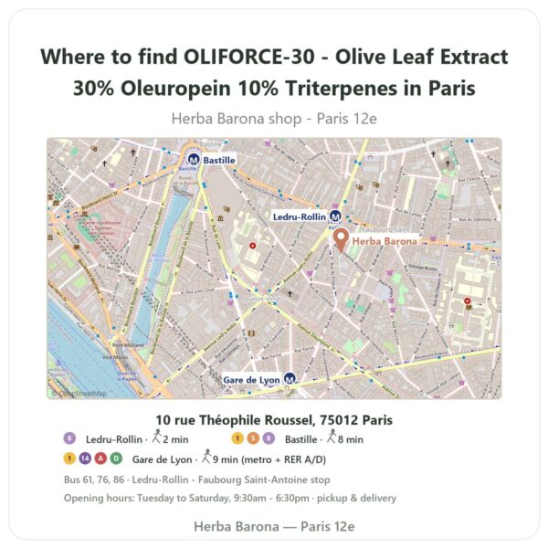 Where to find OLIFORCE-30 - Olive Leaf Extract 30% Oleuropein 10% Triterpenes in Paris - store map Herba Barona Paris 12e