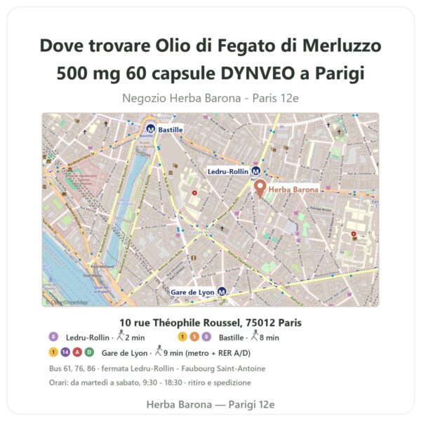 Dove trovare Olio di Fegato di Merluzzo 500 mg 60 capsule DYNVEO a Parigi - mappa del negozio Herba Barona Paris 12e
