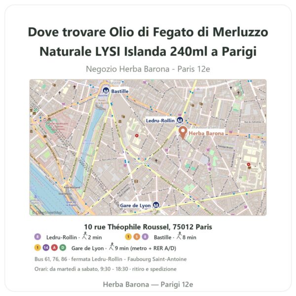 Dove trovare Olio di Fegato di Merluzzo Naturale LYSI Islanda 240ml a Parigi - mappa del negozio Herba Barona Paris 12e
