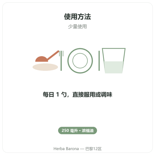 Olivie Plus 30x 纯橄榄油 250 ml 玻璃瓶装 – 玻璃瓶 使用方法与建议剂量 Paris Herba Barona