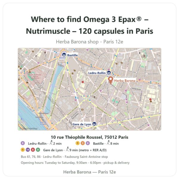 Where to find Omega 3 Epax® – Nutrimuscle – 120 capsules in Paris - store map Herba Barona Paris 12e