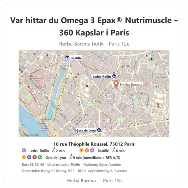 Var hittar du Omega 3 Epax® Nutrimuscle – 360 Kapslar i Paris - butikskarta Herba Barona Paris 12e