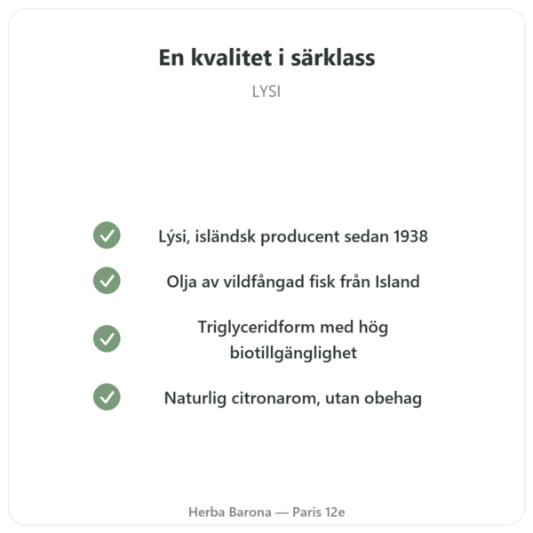 Omega-3 flytande LYSI Citron Island 240 ml kvalitet Paris Herba Barona