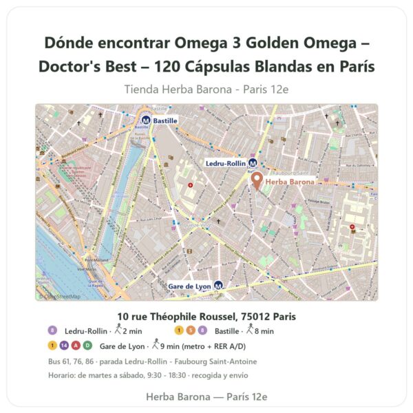 Dónde encontrar Omega 3 Golden Omega – Doctor's Best – 120 Cápsulas Blandas en París - plano de la tienda Herba Barona Paris 12e