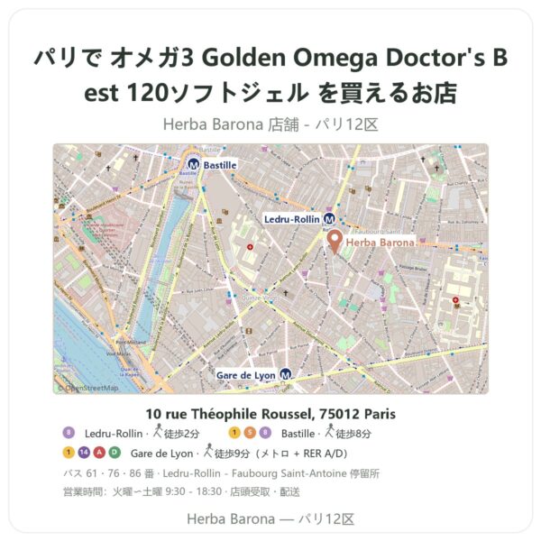 Where to find オメガ3 Golden Omega Doctor's Best 120ソフトジェル in Paris - store map Herba Barona Paris 12e