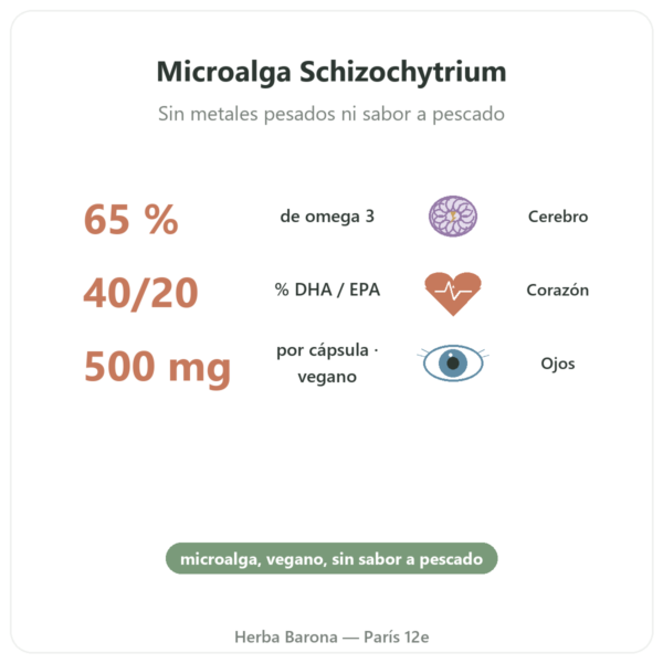 Omega 3 vegetal Microalga Dynveo – 60 cápsulas – 500 mg beneficios y datos clave Paris Herba Barona