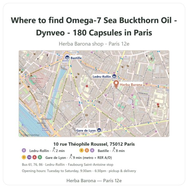 Where to find Omega-7 Sea Buckthorn Oil - Dynveo - 180 Capsules in Paris - store map Herba Barona Paris 12e