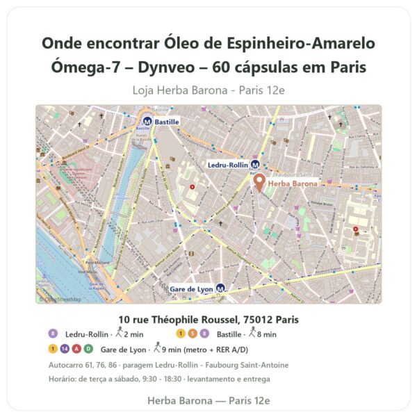 Onde encontrar Óleo de Espinheiro-Amarelo Ómega-7 – Dynveo – 60 cápsulas em Paris - mapa da loja Herba Barona Paris 12e