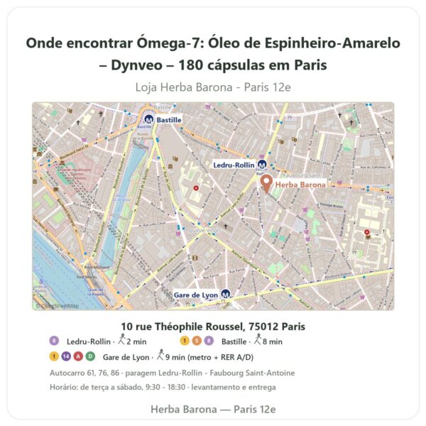 Onde encontrar Ómega-7: Óleo de Espinheiro-Amarelo – Dynveo – 180 cápsulas em Paris - mapa da loja Herba Barona Paris 12e