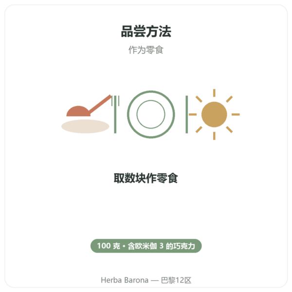 OmegaChoco® 100 g 巧克力 1块 美味与健康 使用方法与建议剂量 Paris Herba Barona