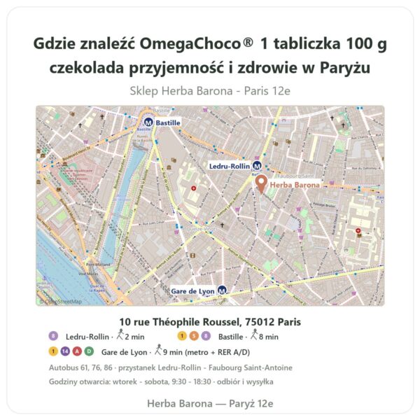 Gdzie znaleźć OmegaChoco® 1 tabliczka 100 g czekolada przyjemność i zdrowie w Paryżu - mapa sklepu Herba Barona Paris 12e