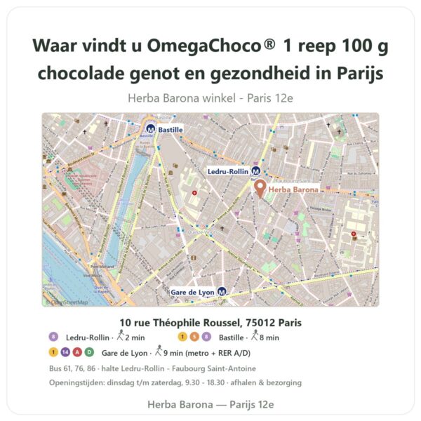 Waar vindt u OmegaChoco® 1 reep 100 g chocolade genot en gezondheid in Parijs - winkelplattegrond Herba Barona Paris 12e
