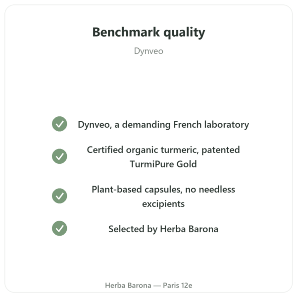 Optimised Organic Curcumin - TurmiPure Gold - Dynveo - 60 Capsules quality Paris Herba Barona