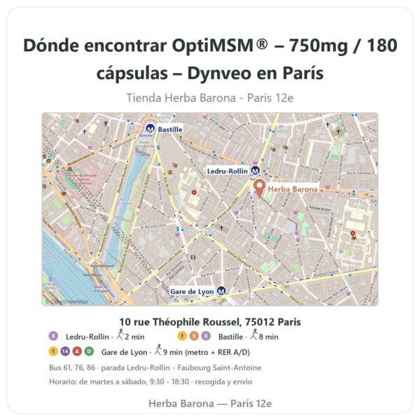 Dónde encontrar OptiMSM® – 750mg / 180 cápsulas – Dynveo en París - plano de la tienda Herba Barona Paris 12e