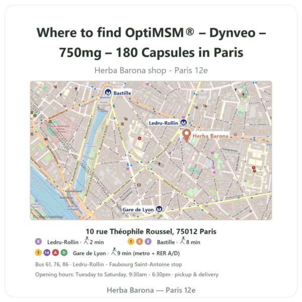 Where to find OptiMSM® – Dynveo – 750mg – 180 Capsules in Paris - store map Herba Barona Paris 12e