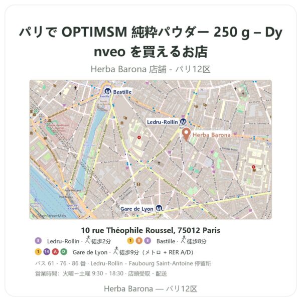 Where to find OPTIMSM 純粋パウダー 250 g – Dynveo in Paris - store map Herba Barona Paris 12e