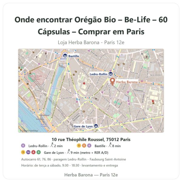 Onde encontrar Orégão Bio – Be-Life – 60 Cápsulas – Comprar em Paris - mapa da loja Herba Barona Paris 12e