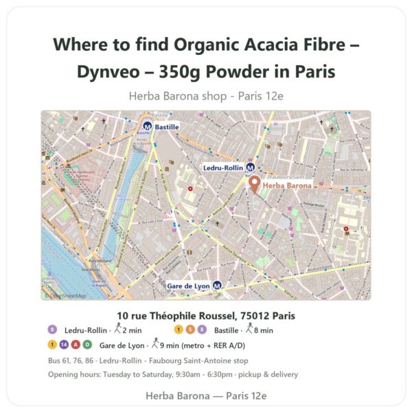 Where to find Organic Acacia Fibre – Dynveo – 350g Powder in Paris - store map Herba Barona Paris 12e