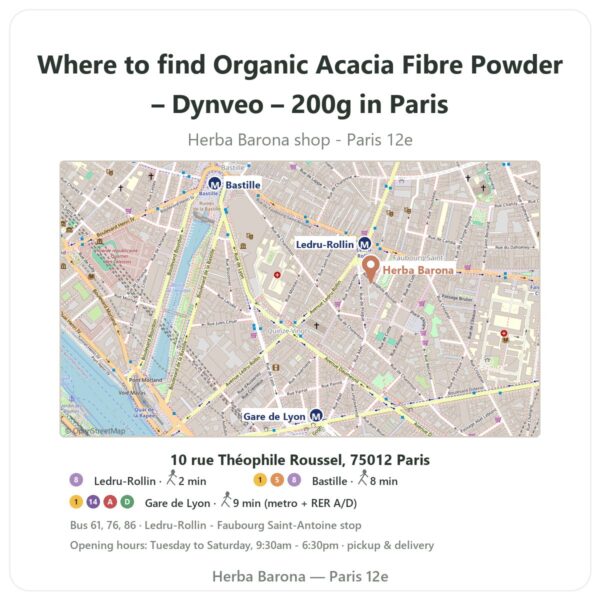Where to find Organic Acacia Fibre Powder – Dynveo – 200g in Paris - store map Herba Barona Paris 12e