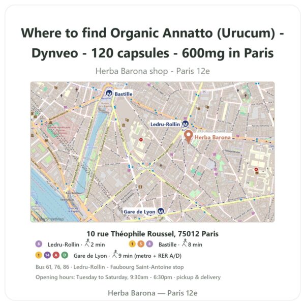Where to find Organic Annatto (Urucum) - Dynveo - 120 capsules - 600mg in Paris - store map Herba Barona Paris 12e