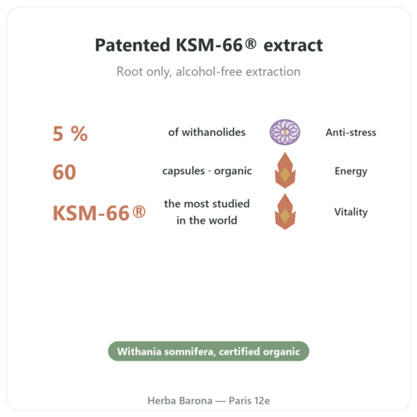 Organic Ashwagandha KSM-66® 5% Withanolides – Dynveo – 60 Capsules benefits and key facts Paris Herba Barona