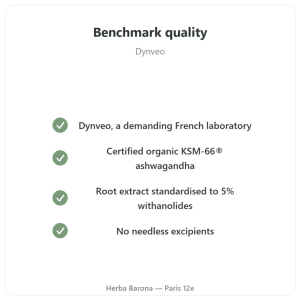 Organic Ashwagandha KSM-66® 5% Withanolides – Dynveo – 60 Capsules quality Paris Herba Barona