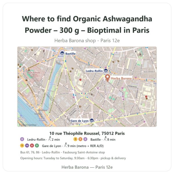 Where to find Organic Ashwagandha Powder – 300 g – Bioptimal in Paris - store map Herba Barona Paris 12e