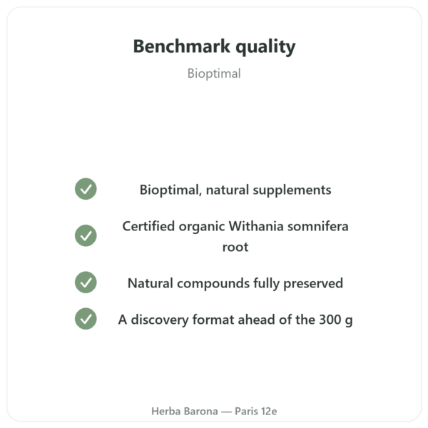 Organic Ashwagandha Powder – Bioptimal – 100g quality Paris Herba Barona