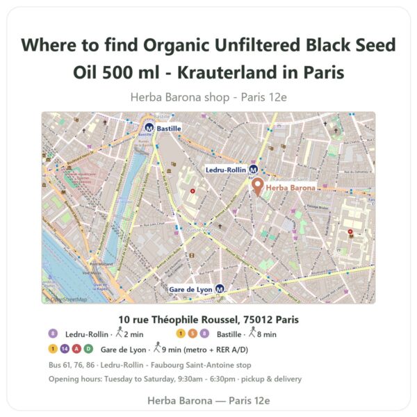 Where to find Organic Unfiltered Black Seed Oil 500 ml - Krauterland in Paris - store map Herba Barona Paris 12e