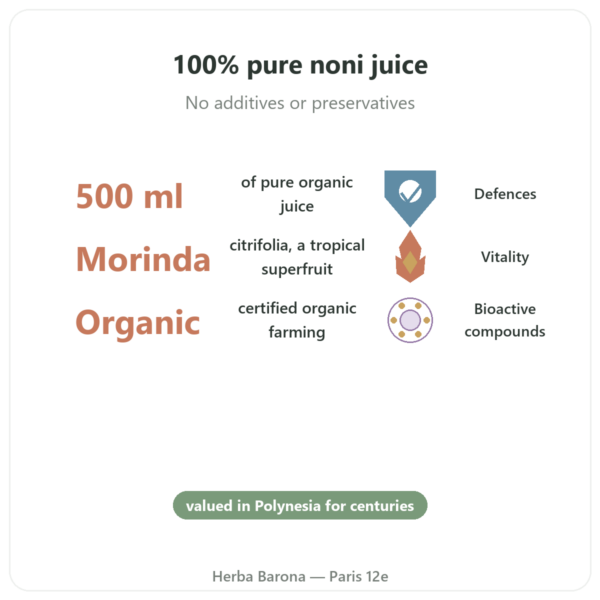 Organic Hawaiian Noni Juice – SFB – 500 ml benefits and key facts Paris Herba Barona