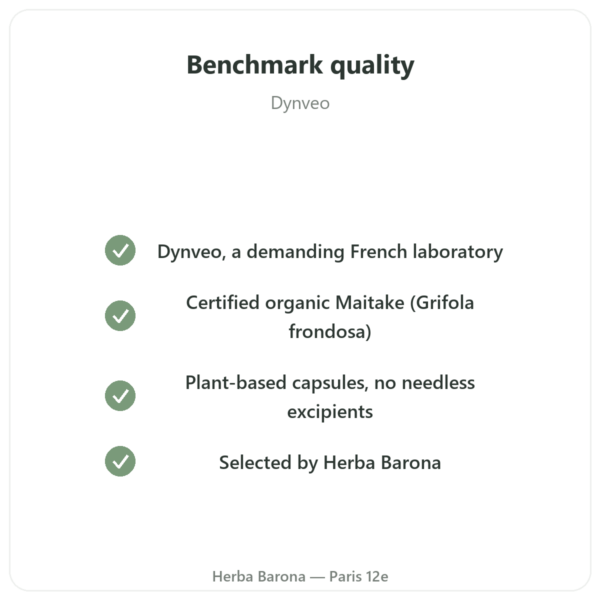 Organic Maitake - Dynveo - 20% Beta-Glucans - 500 mg - 60 Capsules quality Paris Herba Barona