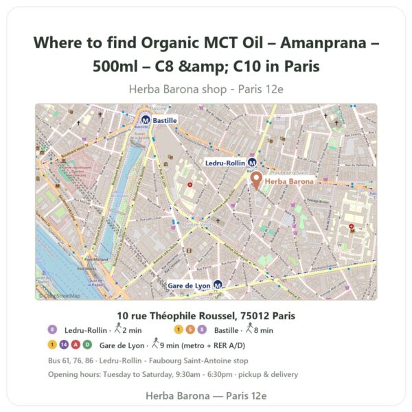 Where to find Organic MCT Oil – Amanprana – 500ml – C8 & C10 in Paris - store map Herba Barona Paris 12e